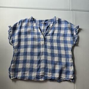 L.L. Bean Signature Blouse Womens Small Blue White Gingham Linen Ruffle Top